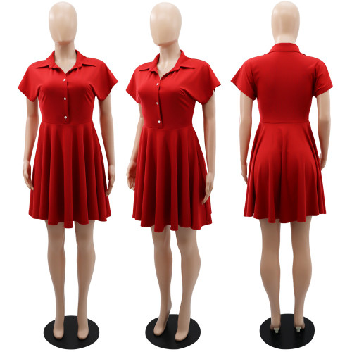 Polo collar cardigan high waisted A-line short sleeved dress