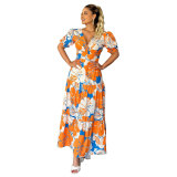 Printed V-neck bubble sleeve waist cinching patchwork long skirt