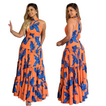 Printed neck hanging long skirt dress