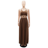 High waisted hollow out backless lace up slit dress