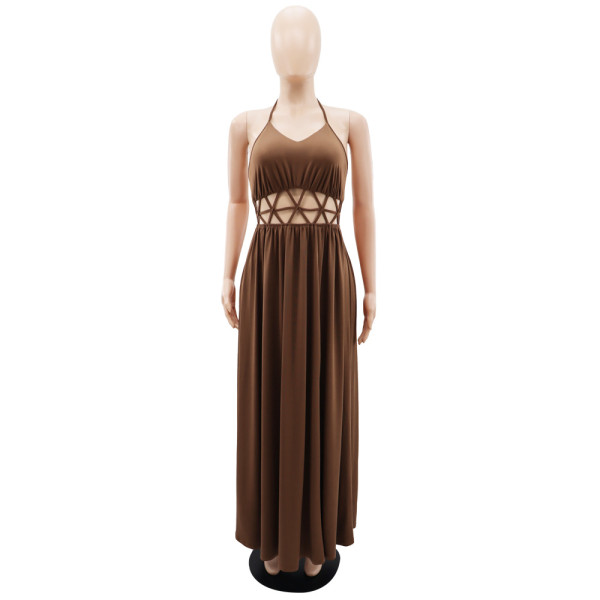 High waisted hollow out backless lace up slit dress