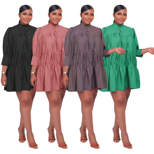 Half high neck solid color loose short dress