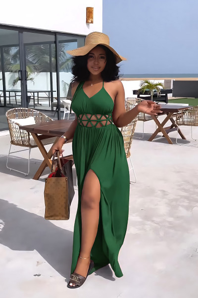 High waisted hollow out backless lace up slit dress