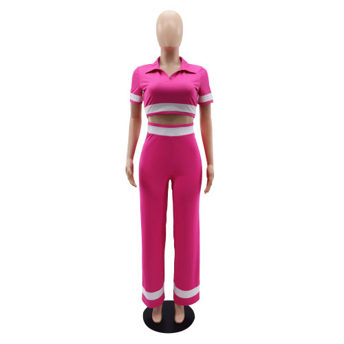 V-neck crop top polo shirt straight leg sports pants two-piece set