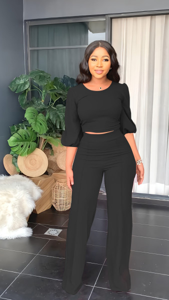 Lantern sleeve crop top, high waisted straight leg pants two-piece set