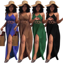 High waisted hollow out backless lace up slit dress