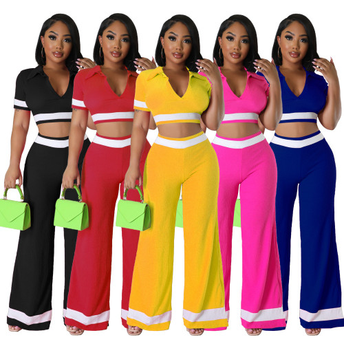 V-neck crop top polo shirt straight leg sports pants two-piece set