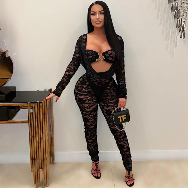 Long sleeved lace swing collar, exposed navel, hip hugging tight pants set