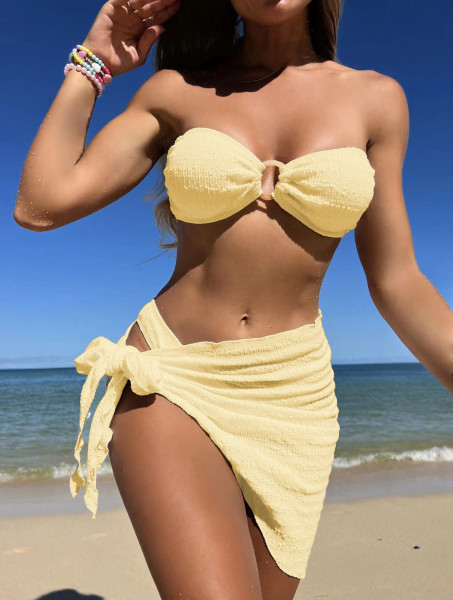 Texture fabric strapless three piece swimsuit swimsuit bikini