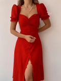 V-neck single breasted mid length dress
