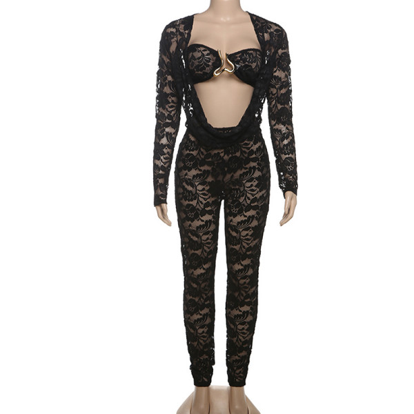 Long sleeved lace swing collar, exposed navel, hip hugging tight pants set