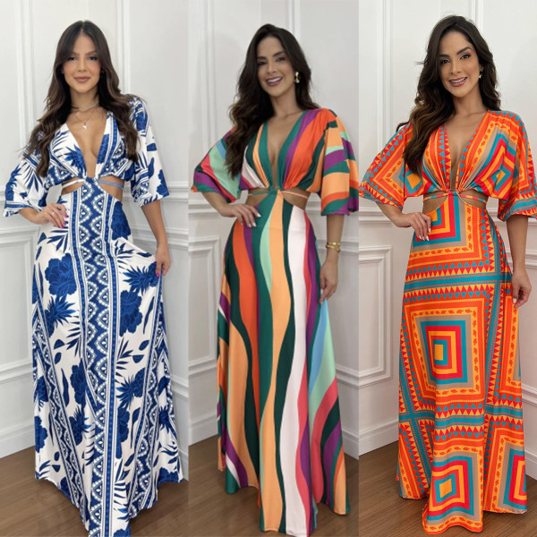 Color blocked five point batwing sleeve waist baring tied long skirt
