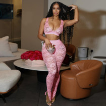 Breast wrapped patchwork lace camisole with exposed navel pants set