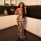 Colorful plaid printed bag hip suspender long skirt