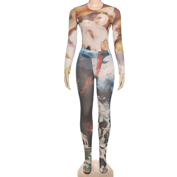 Round neck mesh abstract printed footstep pants two-piece set
