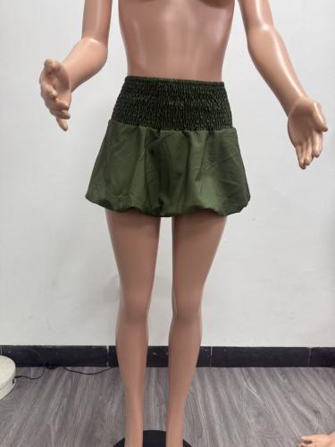 Solid color bubble pleated high waisted elastic mini skirt