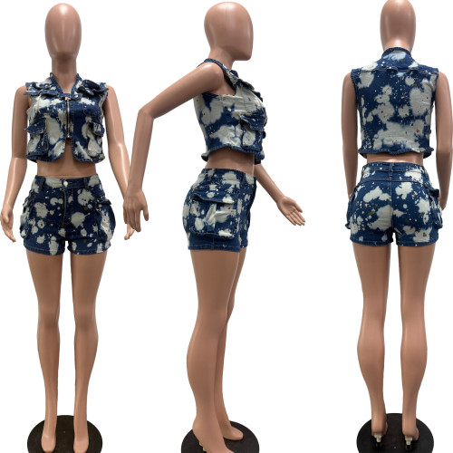 Multi pocket vest ink splashed shorts elastic denim set