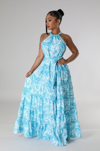 Hanging neck, no shoulder, tied waist, loose skirt, long skirt