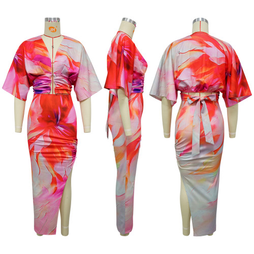 Printed V-neck side slit skirt set