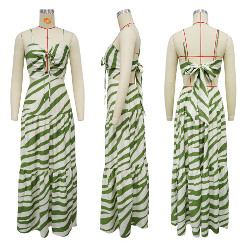 Strap up large swing long printed suspender dress