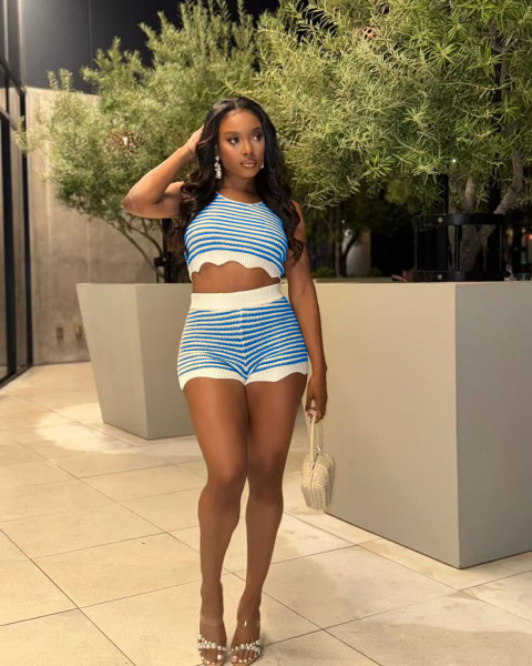 Color blocking knitted shorts short sleeved set