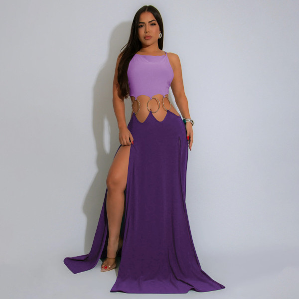 Solid color backless high slit contrasting dress