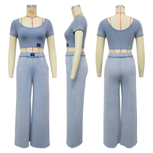 Make an old exposed waist U-neck wide leg set