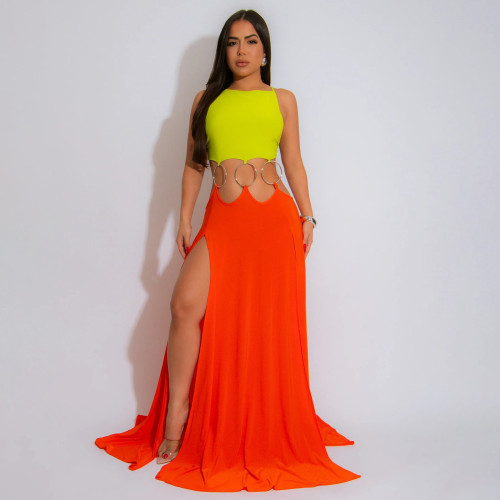 Solid color backless high slit contrasting dress