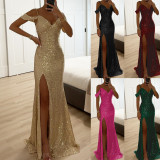 Strap sequin slit dress, loose party dress