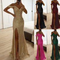 Strap sequin slit dress, loose party dress