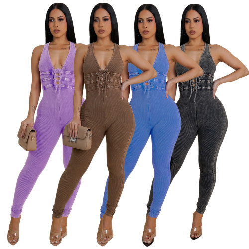 Water washed distressed tight pants with sleeveless threaded jumpsuit