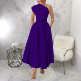 Sleeveless sloping collar waist cinching large swing dress
