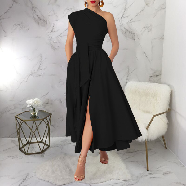 Sleeveless sloping collar waist cinching large swing dress