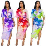 Printed V-neck side slit skirt set