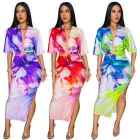 Printed V-neck side slit skirt set