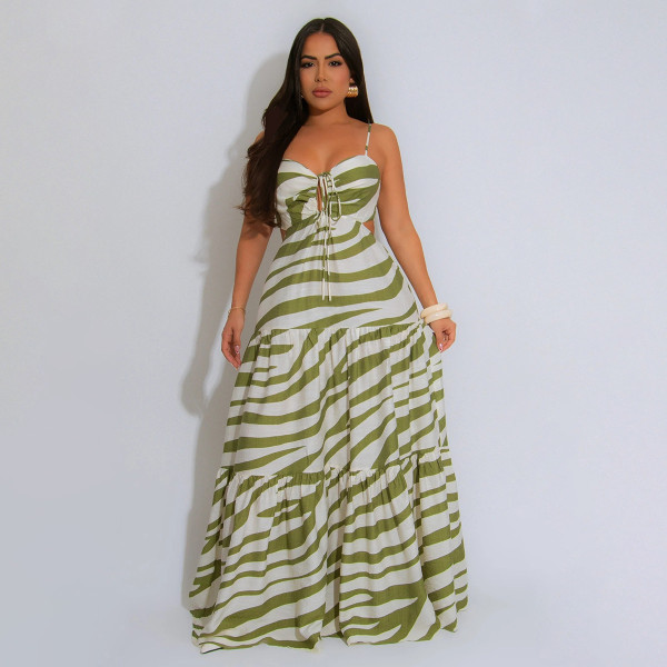 Strap up large swing long printed suspender dress