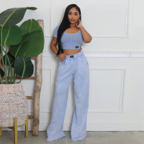 Make an old exposed waist U-neck wide leg set