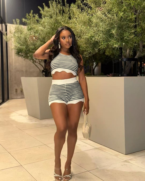 Color blocking knitted shorts short sleeved set