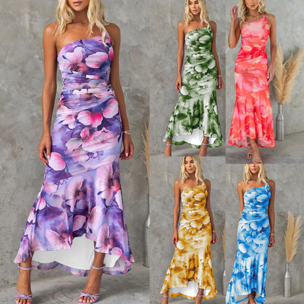 Slanted shoulder print with elastic lining dress