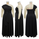 Sleeveless sloping collar waist cinching large swing dress