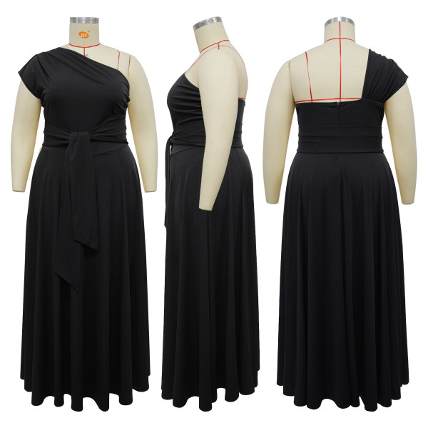 Sleeveless sloping collar waist cinching large swing dress