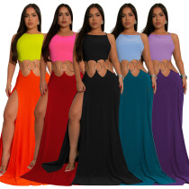 Solid color backless high slit contrasting dress