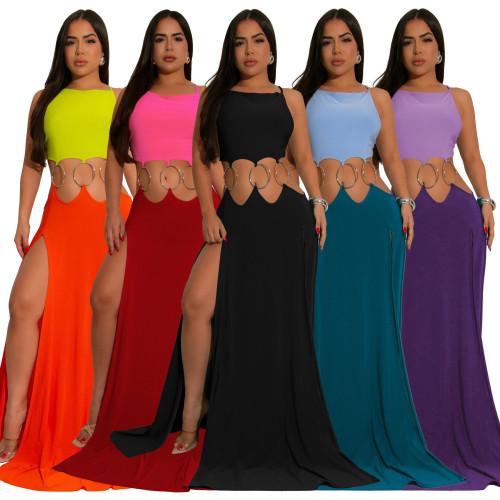 Solid color backless high slit contrasting dress