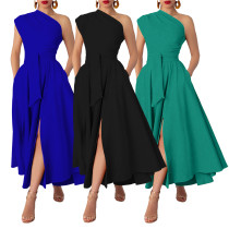 Sleeveless sloping collar waist cinching large swing dress