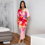 Printed V-neck side slit skirt set