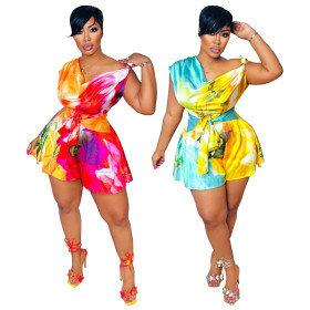 Women's backless diagonal collar printed jumpsuit