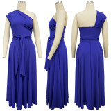 Sleeveless sloping collar waist cinching large swing dress