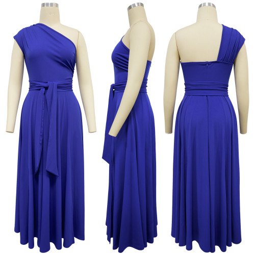 Sleeveless sloping collar waist cinching large swing dress