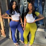 Color blocking short sleeved T-shirt long pants two-piece set