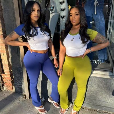Color blocking short sleeved T-shirt long pants two-piece set
